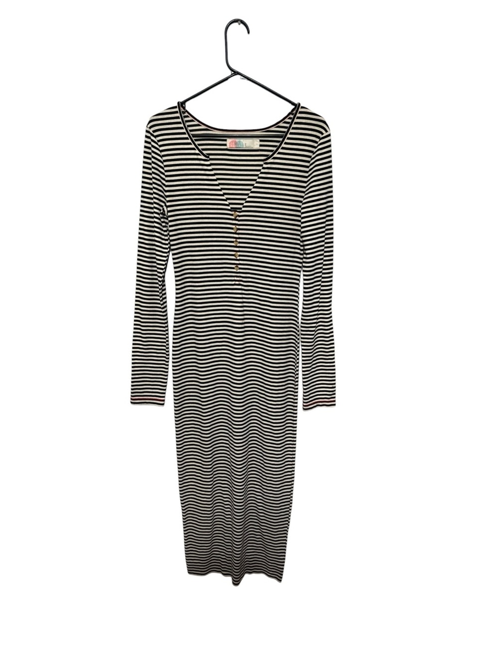 Free People Black & White Striped Long Sleeve Midi Henley Dress